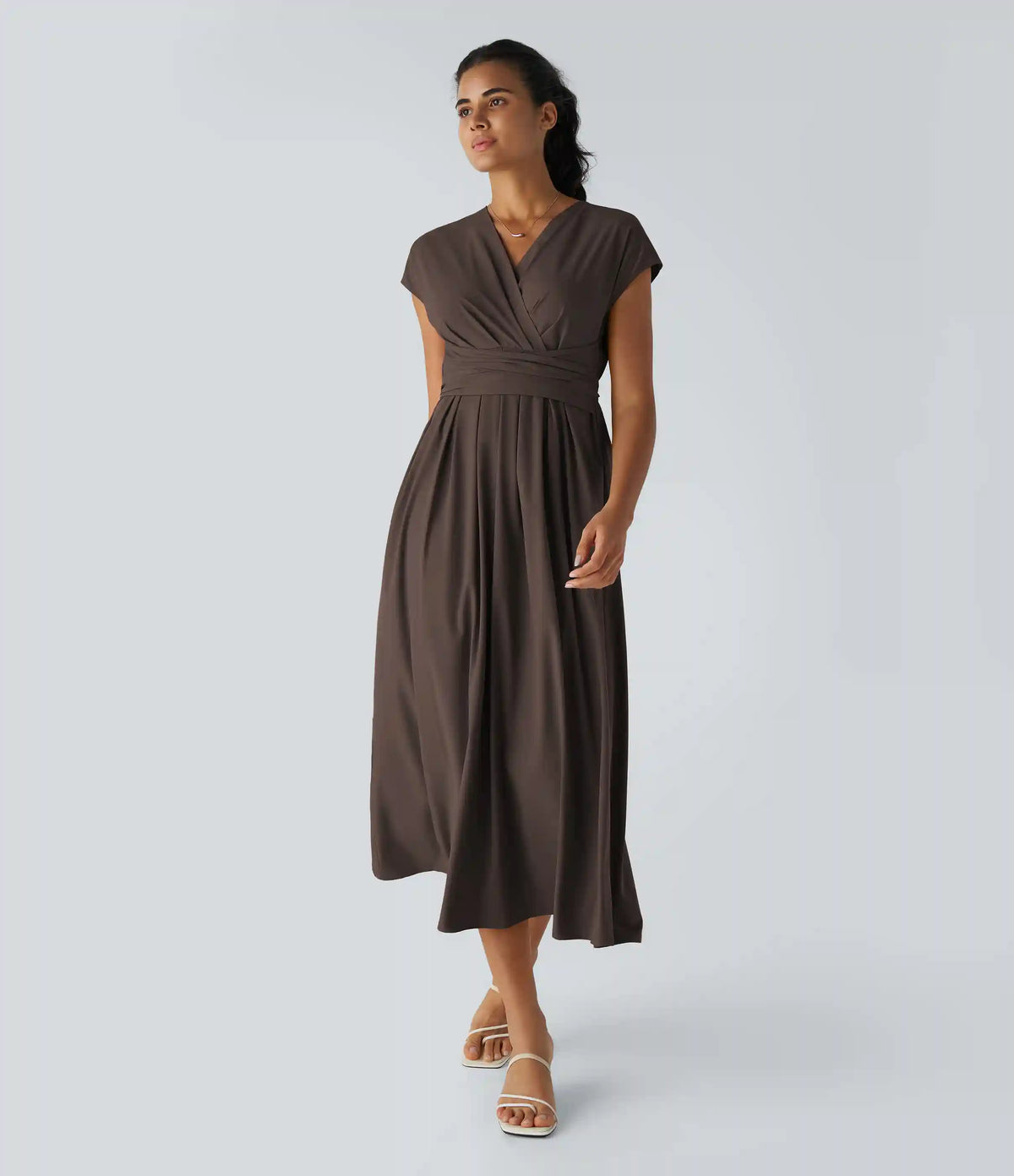 Breezeful™ V Neck Short Sleeve Pocket Tie Back Quick Dry Midi Casual Dress-Longer Length