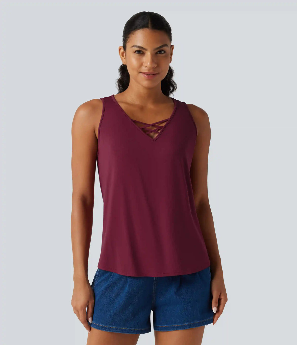 V Neck Crossover Curved Hem Casual Tank Top
