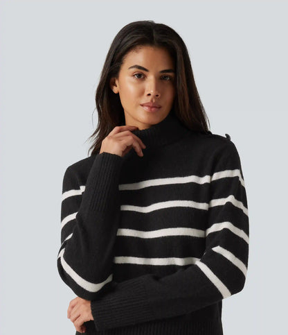 High Neck Long Sleeve Stripe Work Sweater
