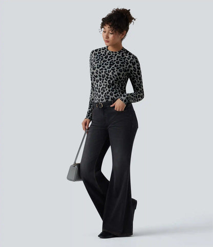 Round Neck Long Sleeve Leopard Print Casual Slim Top