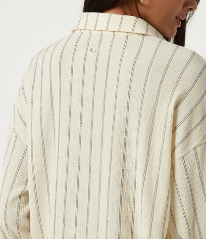 Collared Dropped Long Sleeve Relaxed Stripe Casual Blouse