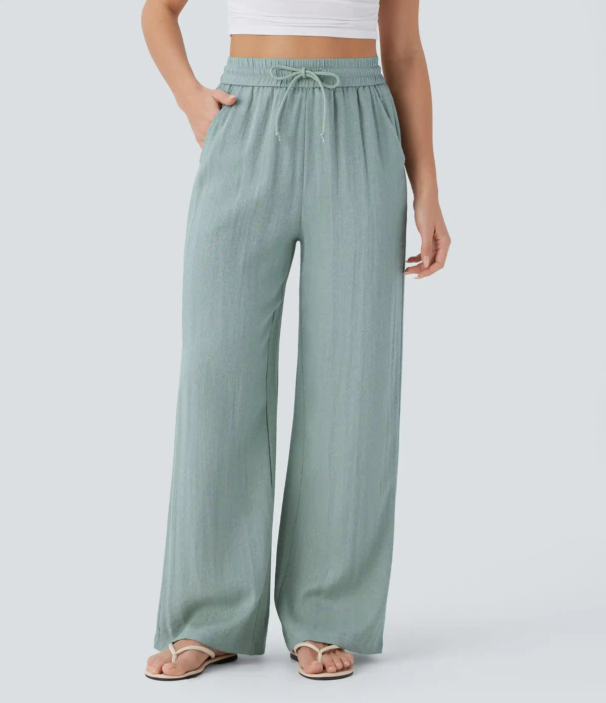 High Waisted Drawstring Pocket Wide Leg Baggy Casual Linen-Feel Pants