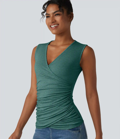 V Neck Crossvoer Ruched Casual Tank Top