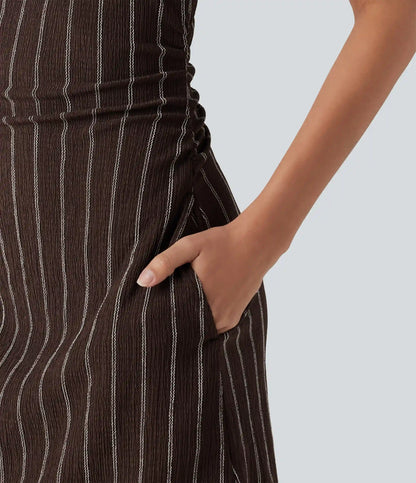 Boat Neck Sleeveless Striped Mini Casual Dress with Pockets