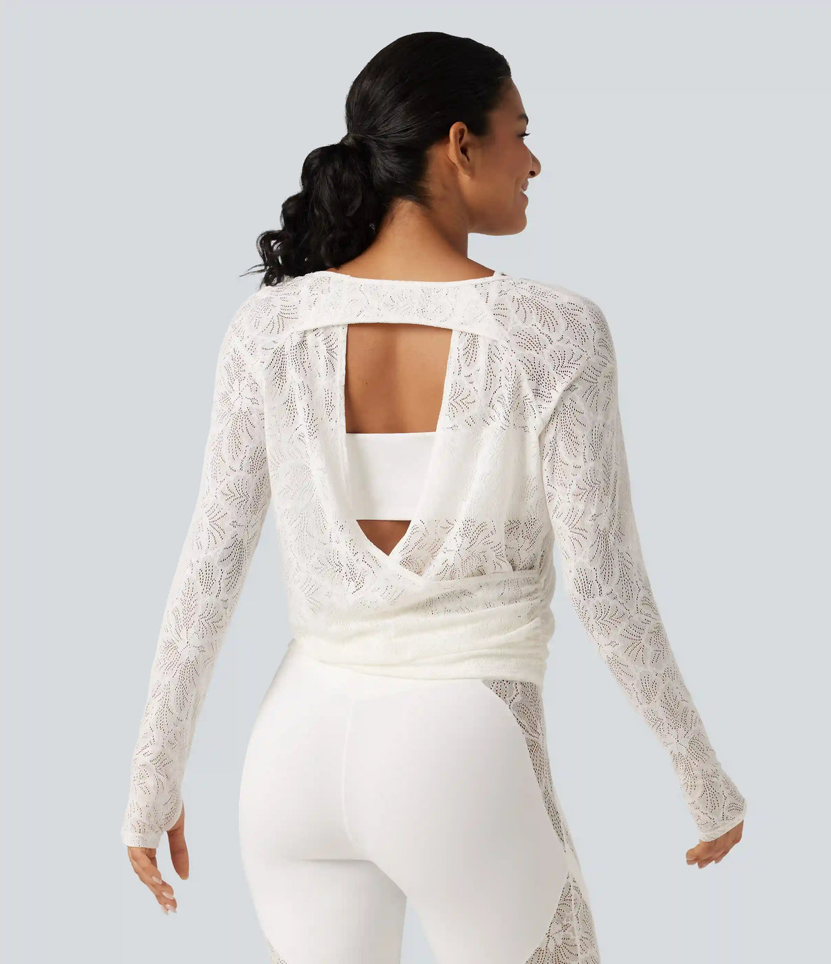 Cut Out Long Sleeve Thumb Hole Ruched Lace Yoga Sports Top