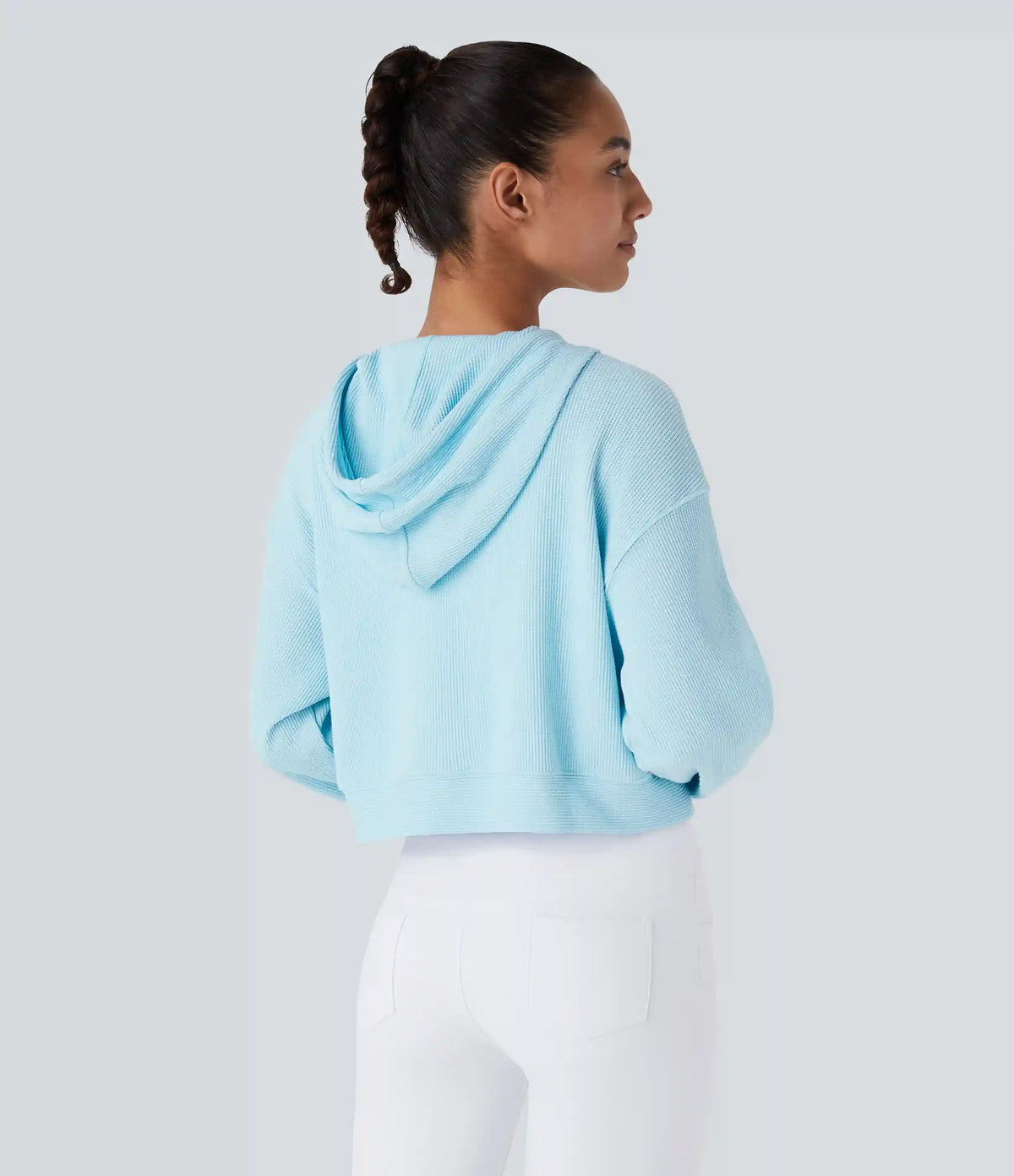 Waffle Hooded Drawstring Zipper Cropped Casual Cotton Sports Sweatshirt