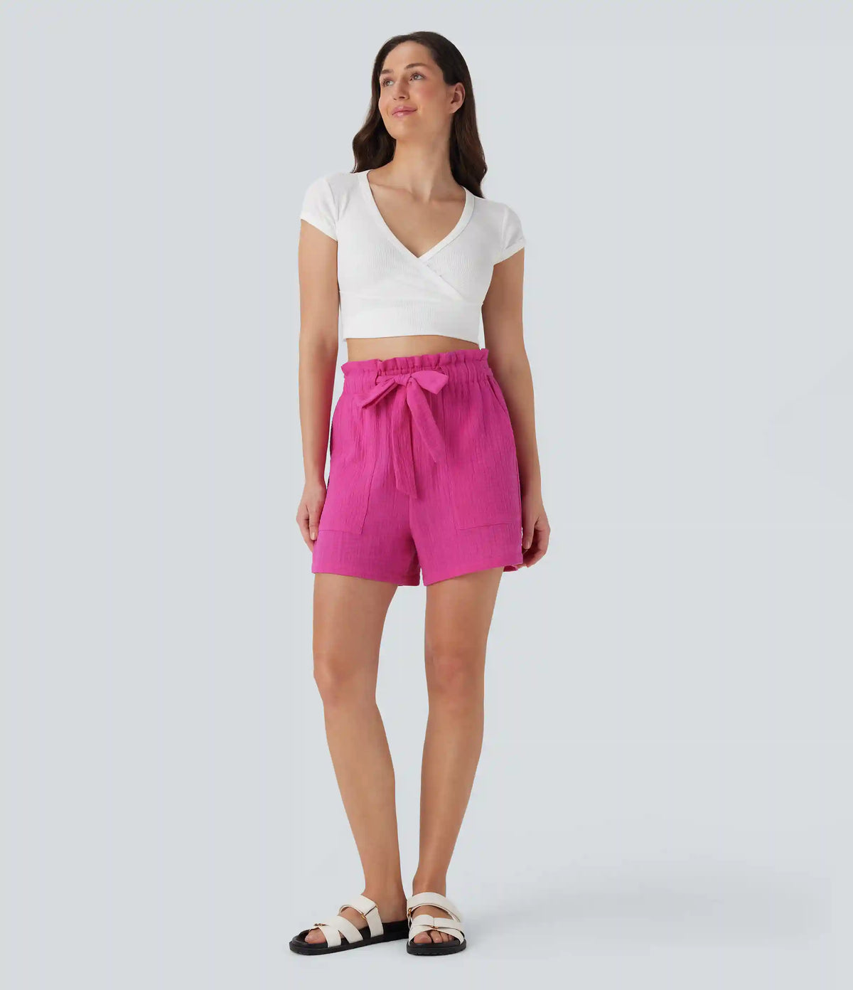 Paper Bag High Waisted Tie Front Casual Cotton Shorts with Pockets