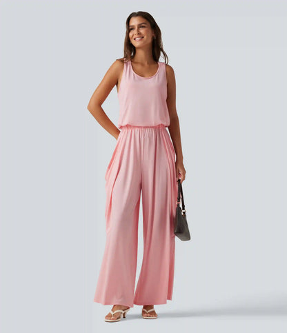 Sleeveless Cut Out Wide Leg Casual Jumpsuit with Pockets-Easy Peezy Edition