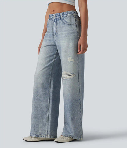 Mid Rise Denim Print French Terry Casual Sweatpants Jeans with Pockets