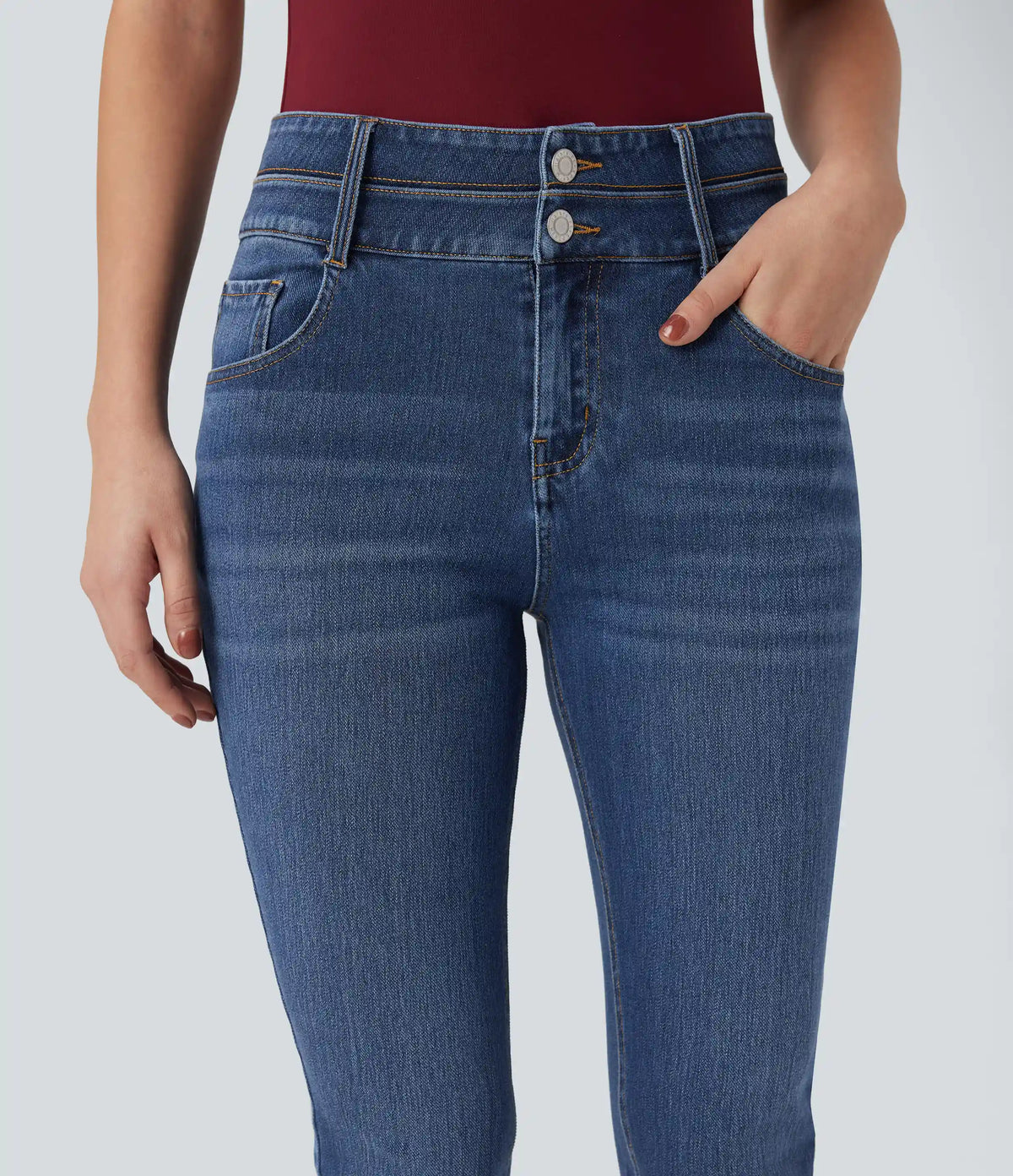 Halara Flex™ Mid Rise Double Waistband Casual Slim Jeans with Pockets