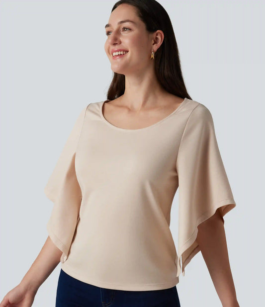 Round Neck Flounce 3/4 Sleeve Casual Blouse