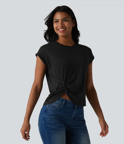 Round Neck Short Sleeve Curved Split Hem Casual T-Shirt
