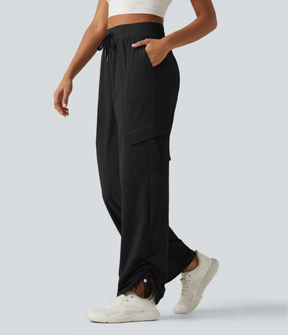 High Waisted Drawstring Ruched Straight Leg Quick Dry InstantCool Running Pants with Pockets-UPF40+