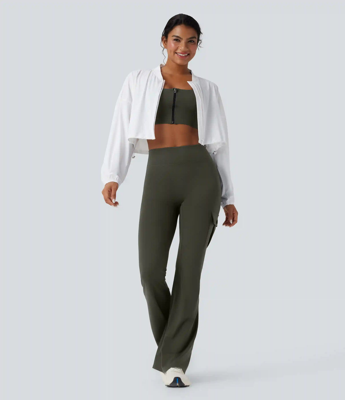 DayStretch High Waisted Tummy Control Ruched Workout Flare Pants with Pockets