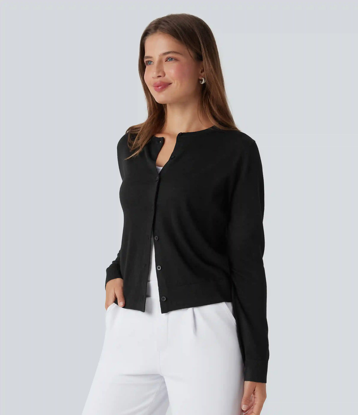 Round Neck Long Sleeve Work Wool-Blend Cardigan