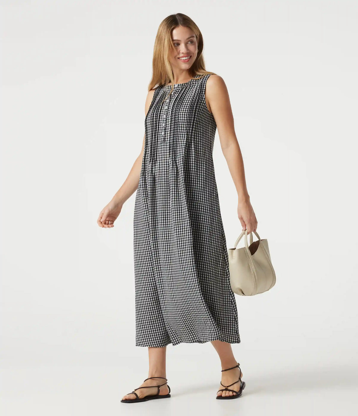 Round Neck Sleeveless Plaid Midi Casual Linen-Feel Dress with Pockets