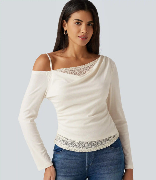 One Shoulder Long Sleeve 2-in-1 Contrast Lace Casual Top