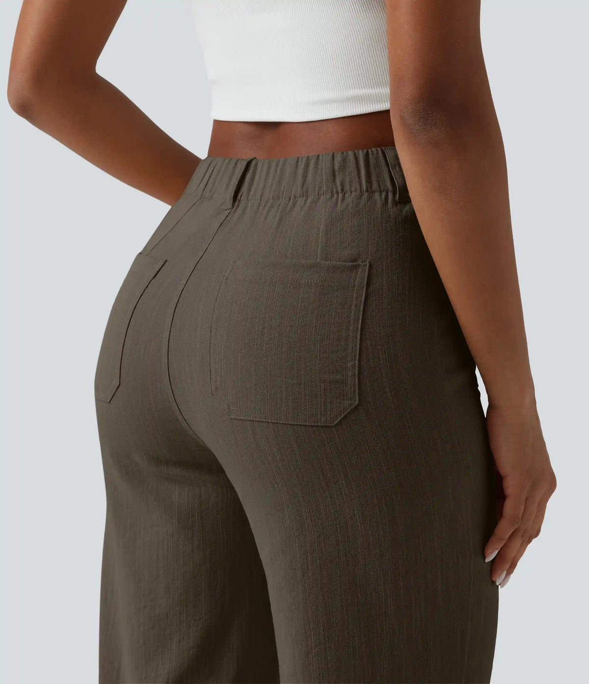 High Waisted Straight Leg Casual Linen-Feel Pants with Pockets