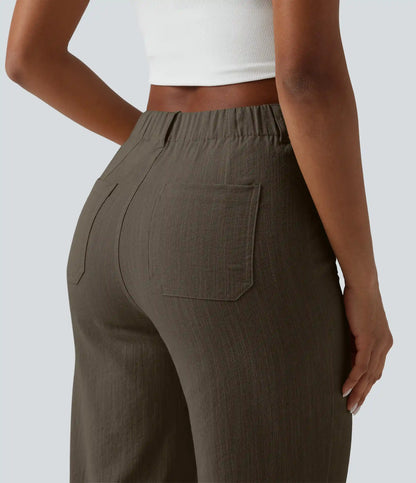 High Waisted Straight Leg Casual Linen-Feel Pants with Pockets