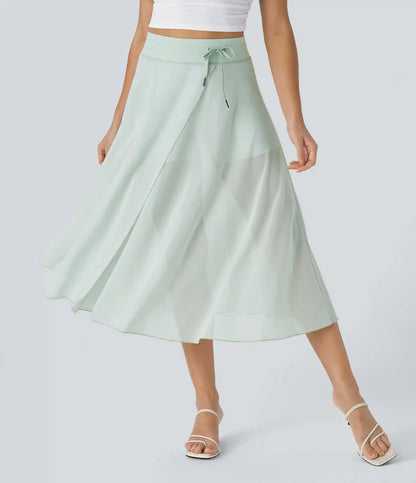 High Waisted Drawstring Contrast Mesh 2-in-1 Pocket Flowy Midi Flare Casual Skirt