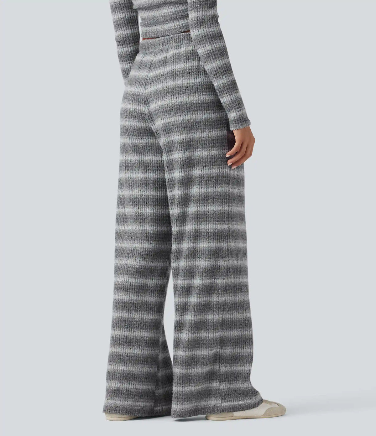 Mid Rise Drawstring Wide Leg Waffle Gradient Stripe Casual Pants with Pockets