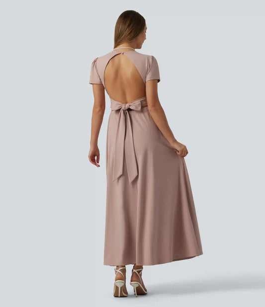 V Neck Short Sleeve Built-in Bra Tie Back Flowy Maxi Dress