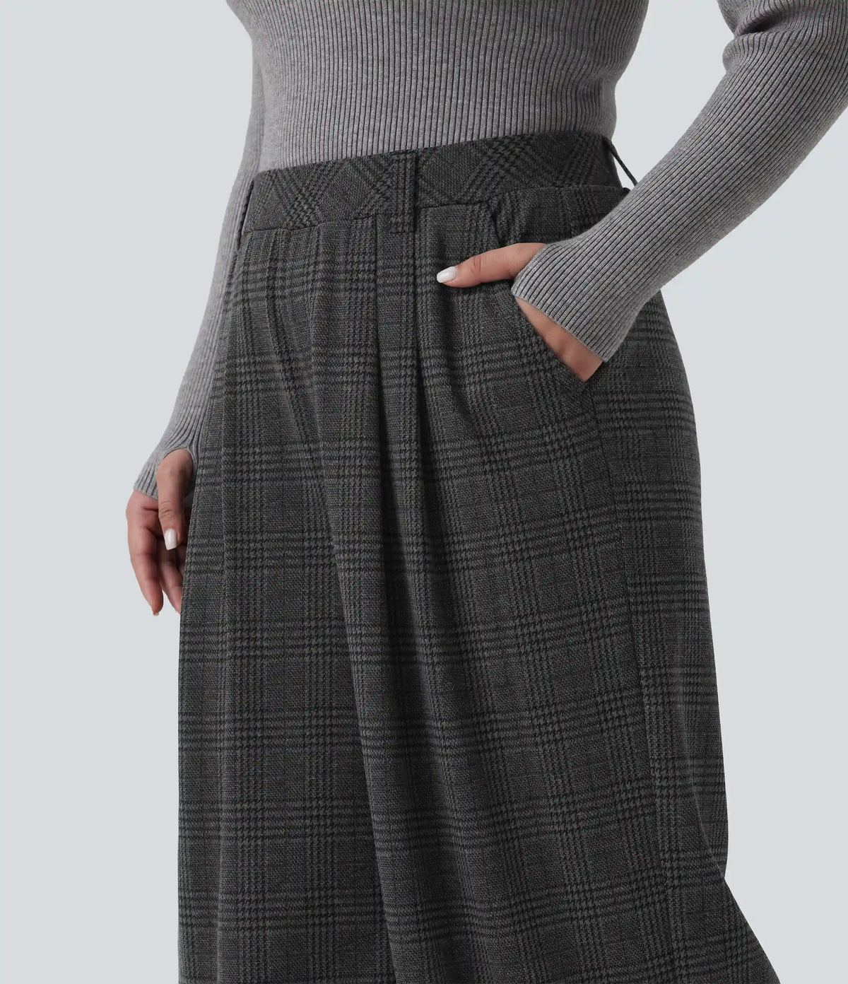 Plus Size High Waisted Wide Leg Houndstooth Plaid Casual Pants with Pockets