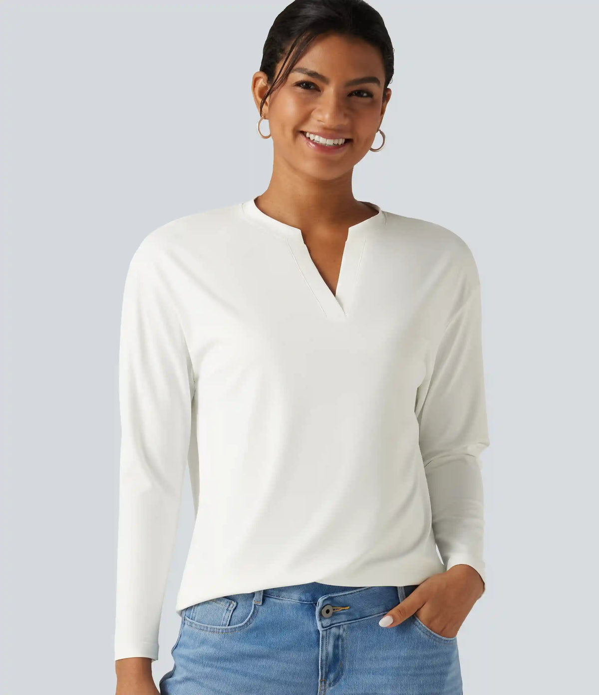 Notched Collar Dropped Shoulder Long Sleeve Casual T-Shirt