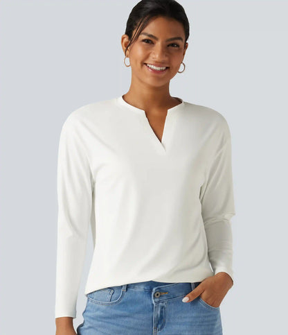 Notched Collar Dropped Shoulder Long Sleeve Casual T-Shirt