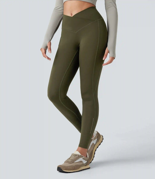 Wear-Resistant Reflective Crossover High Waisted Hiking 7/8 Leggings with Pocket