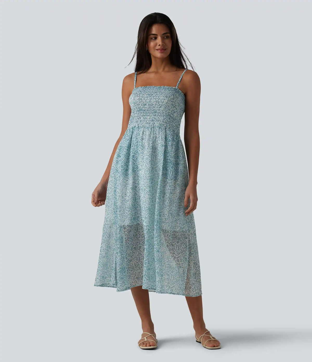Adjustable Straps Shirred Ditsy Floral Print Chiffon Flowy Midi Casual Slip Dress with Pockets
