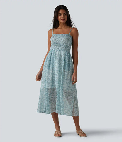 Adjustable Straps Shirred Ditsy Floral Print Chiffon Flowy Midi Casual Slip Dress with Pockets