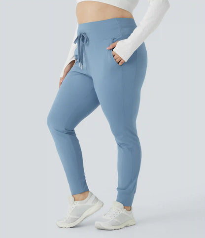 SoftlyZero™ Plush High Waisted Drawstring Pocket Plain Full Length Plus Size Joggers