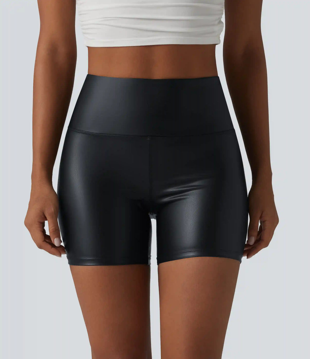 High Waisted Tummy Control Stretchy PU Casual Biker Shorts 5'' with Pockets