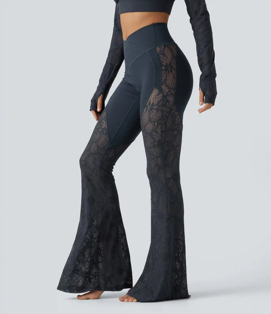 Halara UltraSculpt™ High Waisted Crossover Tummy Control Contrast Lace Yoga Flare Leggings with Pockets