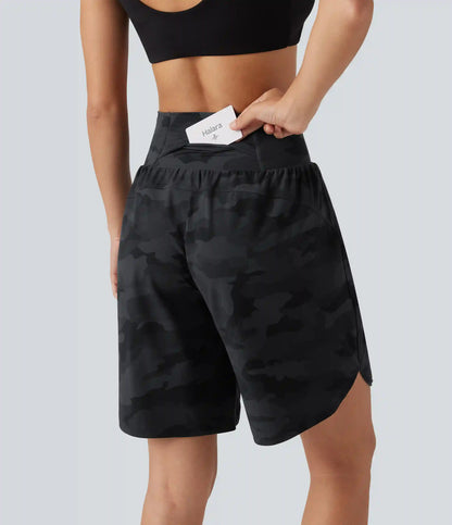 Halara UltraSculpt™ Camo Print High Waisted Tummy Control Curved Hem Running Shorts 9" with Pocket