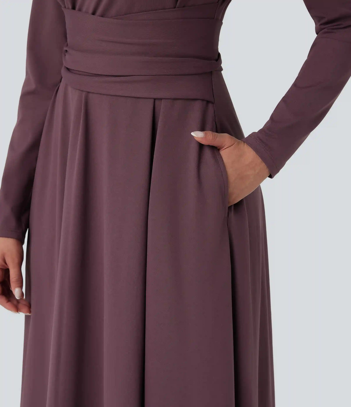 Cut Out Long Sleeve Tie Back Midi Work Dress with Pockets