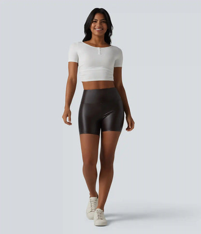 High Waisted Tummy Control Stretchy PU Casual Biker Shorts 5'' with Pockets