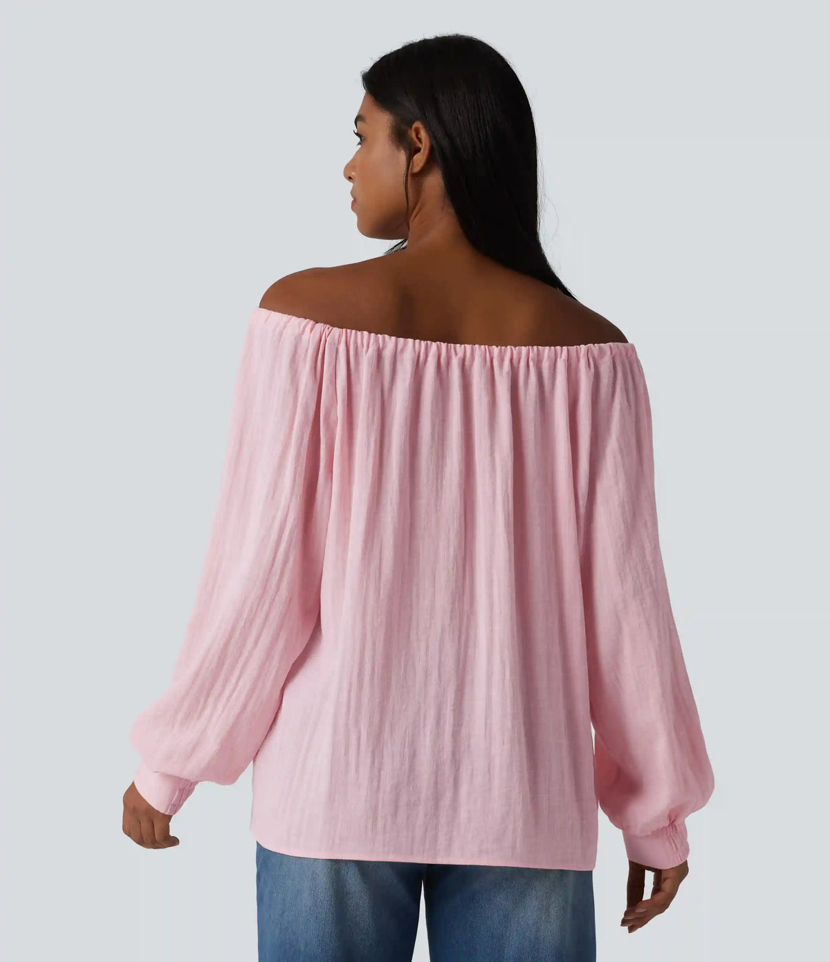 Off-shoulder Tie Long Sleeve Linen-Feel Oversized Casual Blouse