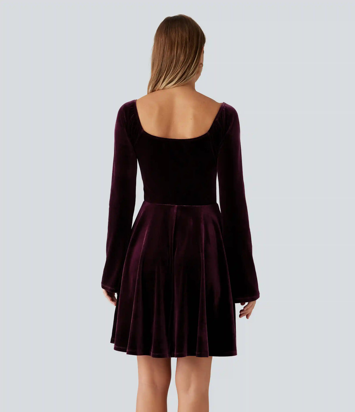 Diamond Collar Long Sleeve Ruched A-Line Velvet Mini Party Dress with Pockets