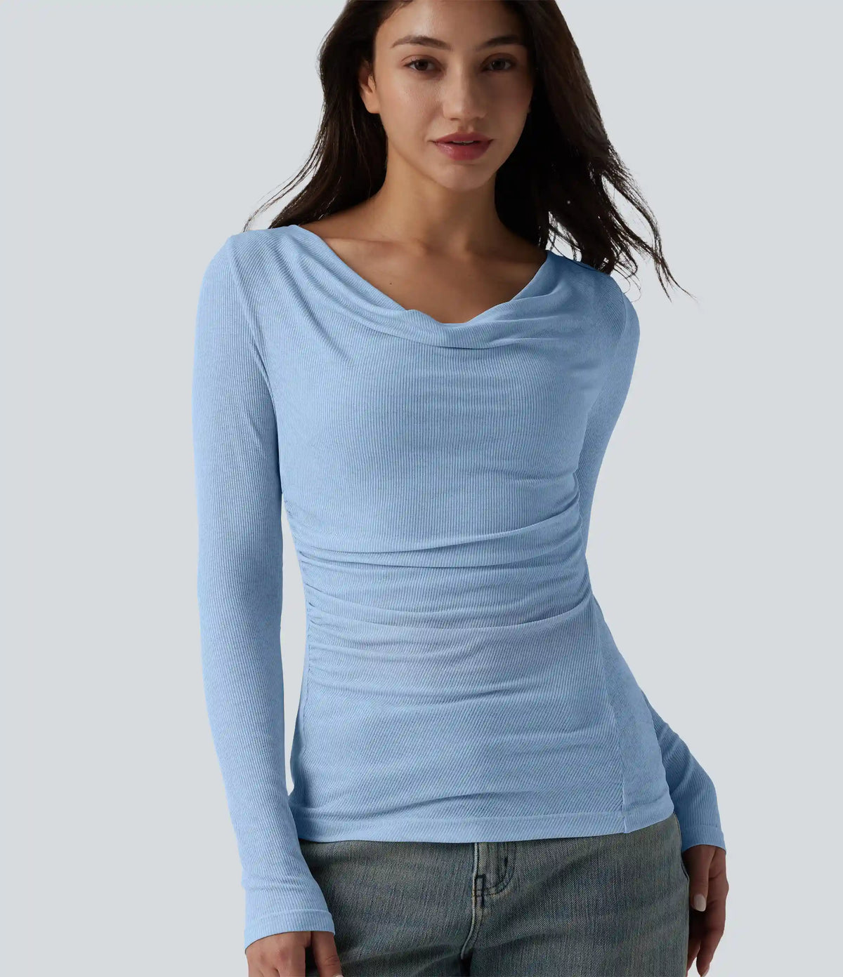 Ribbed Knit Cowl Neck Long Sleeve Ruched Casual Top
