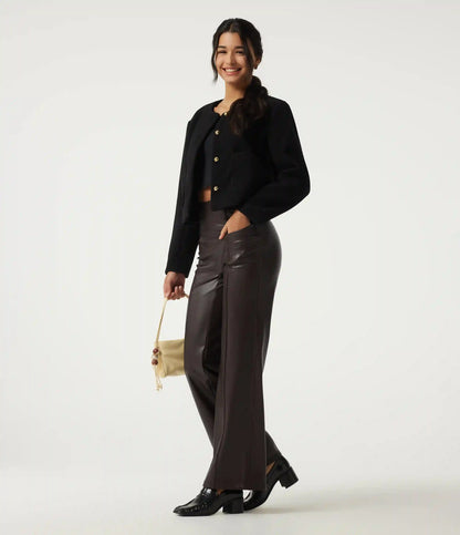 High Waisted Stretchy PU Fleece Tummy Control Casual Flare Pants with Pockets