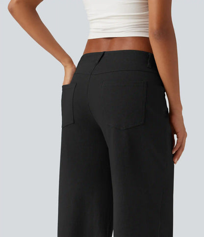 Low Rise Asymmetric Wide Leg Casual Cotton Pants with Pockets