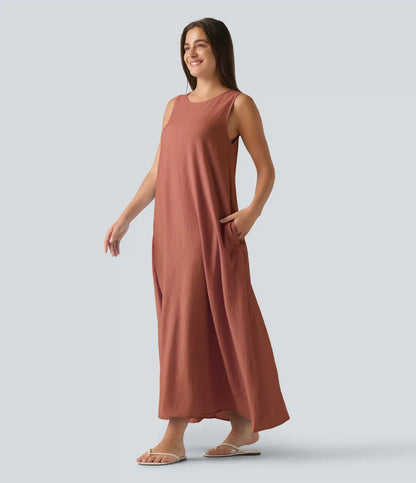 Round Neck Sleeveless Midi Plain Casual Tank Dress with Pockets