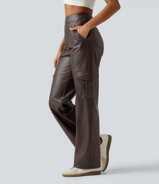 Mid Rise Wide Leg Stretchy PU Fleece Casual Cargo Pants with Pockets