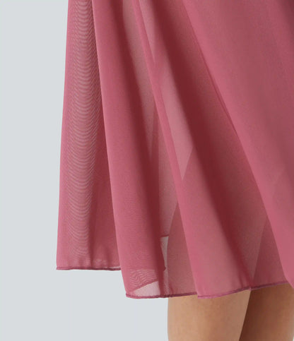High Waisted Drawstring Contrast Mesh 2-in-1 Pocket Flowy Midi Flare Casual Skirt