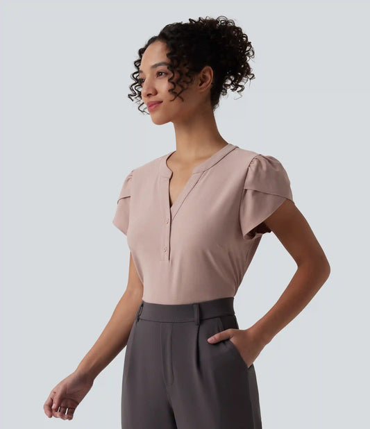 V-neck Petal Short Sleeve Work Blouse