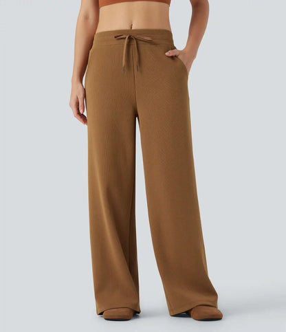 Mid Rise Drawstring Micro Waffle Baggy Casual Pants with Pockets