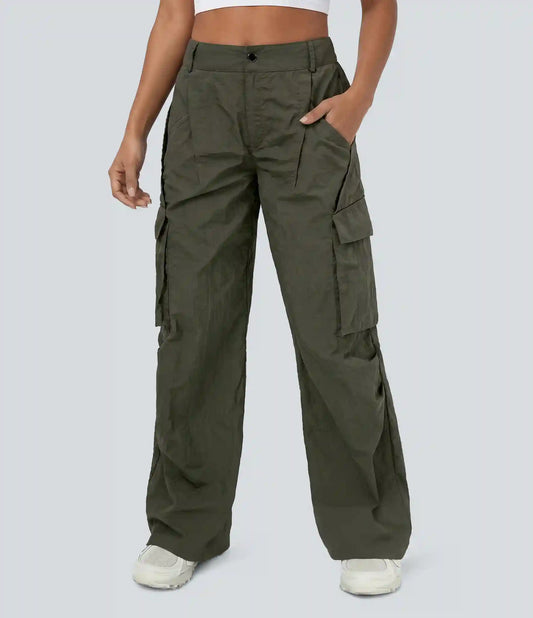 Mid Rise Button Zipper Side Pocket Wide Leg Baggy Casual Cargo Pants