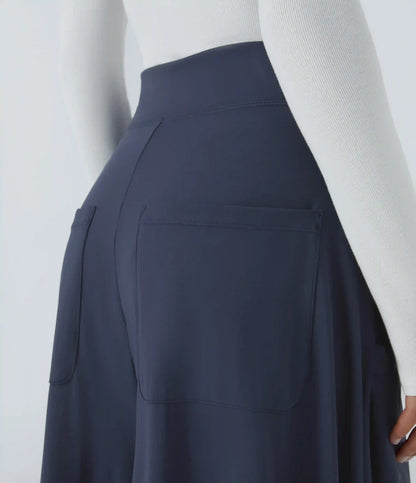 Mid Rise Pockets Draped Wide Leg Baggy Casual Pants